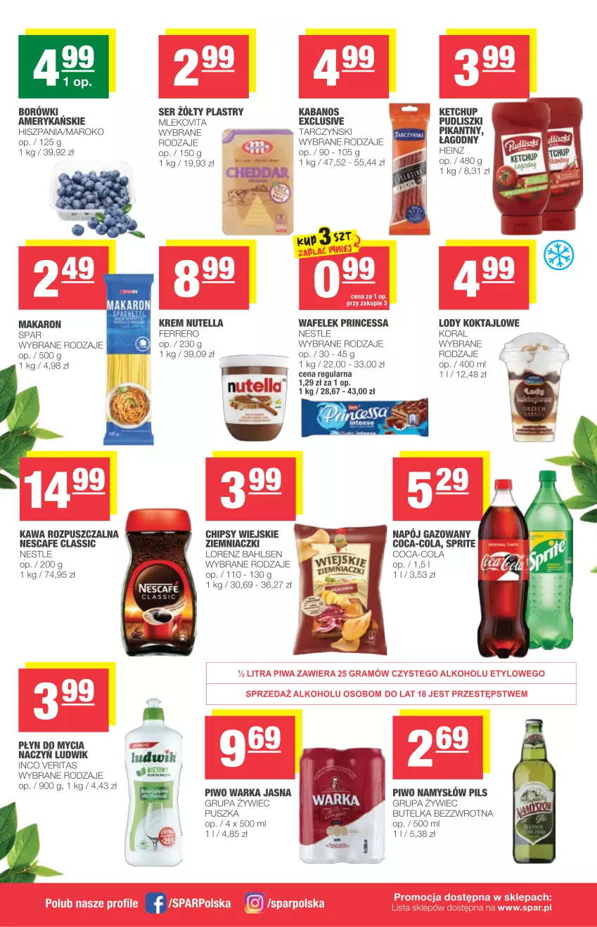 Gazetka promocyjna Spar - Express - ważna 12.05 do 18.05.2021 - strona 2 - produkty: Chipsy, Coca-Cola, Do mycia naczyń, Ferrero, Heinz, Kabanos, Kawa, Kawa rozpuszczalna, Ketchup, Lody, Lorenz, Ludwik, Makaron, Mleko, Mlekovita, Namysłów, Napój, Napój gazowany, Nutella, Piwo, Płyn do mycia, Płyn do mycia naczyń, Princessa, Pudliszki, Ser, Sprite, Tarczyński, Wafelek, Warka