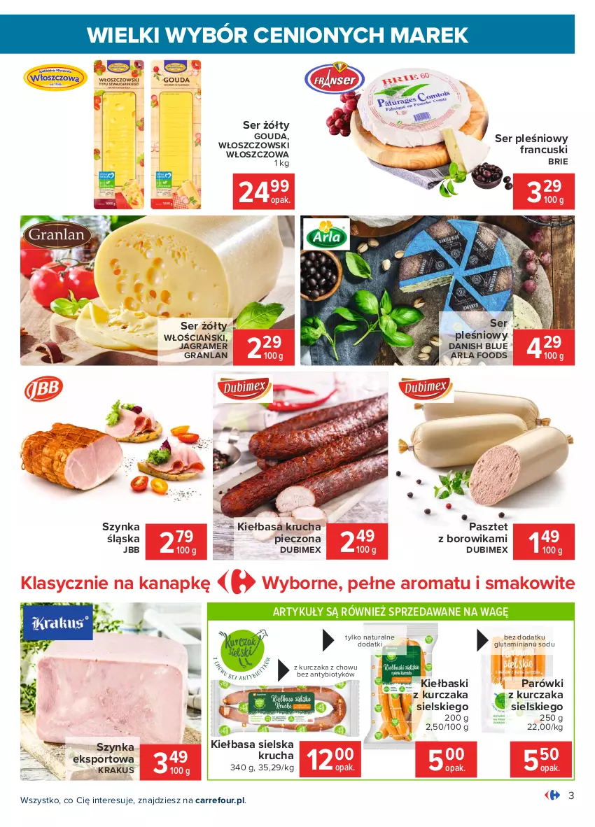 Gazetka promocyjna Carrefour - Gazetka Wielki wybór cenionych marek - ważna 08.02 do 20.02.2021 - strona 3 - produkty: Brie, Gouda, Gra, Jagr, Kiełbasa, Kiełbasa krucha, Krakus, Kurczak, Parówki, Pasztet, Piec, Por, Ser, Ser pleśniowy, Sport, Szynka, Włoszczowski