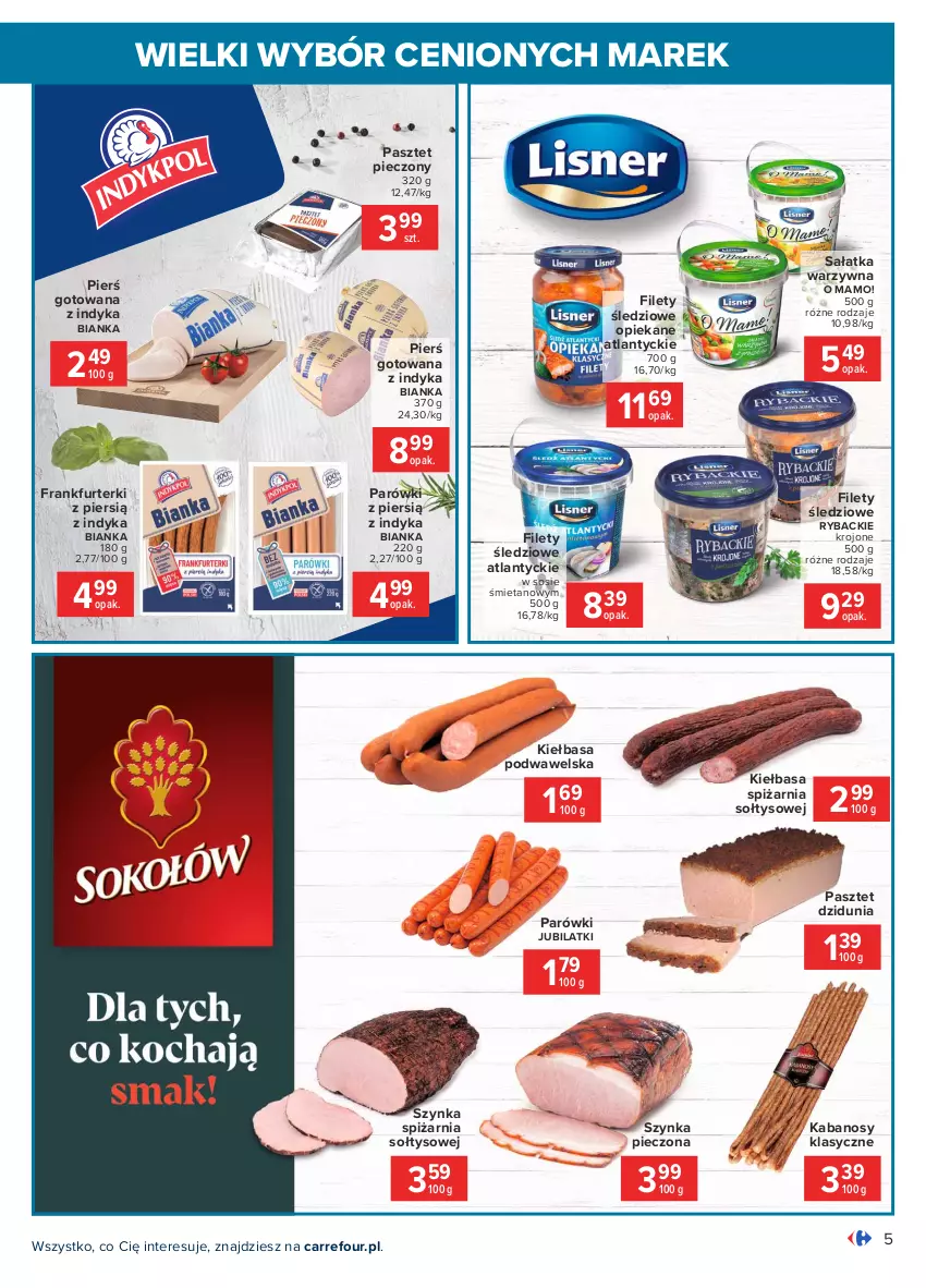 Gazetka promocyjna Carrefour - Gazetka Wielki wybór cenionych marek - ważna 08.02 do 20.02.2021 - strona 5 - produkty: Bianka, Frankfurterki, Kabanos, Kiełbasa, Kiełbasa podwawelska, Parówki, Pasztet, Piec, Ryba, Sałat, Sałatka, Sałatka warzywna, Sos, Szynka, Wawel