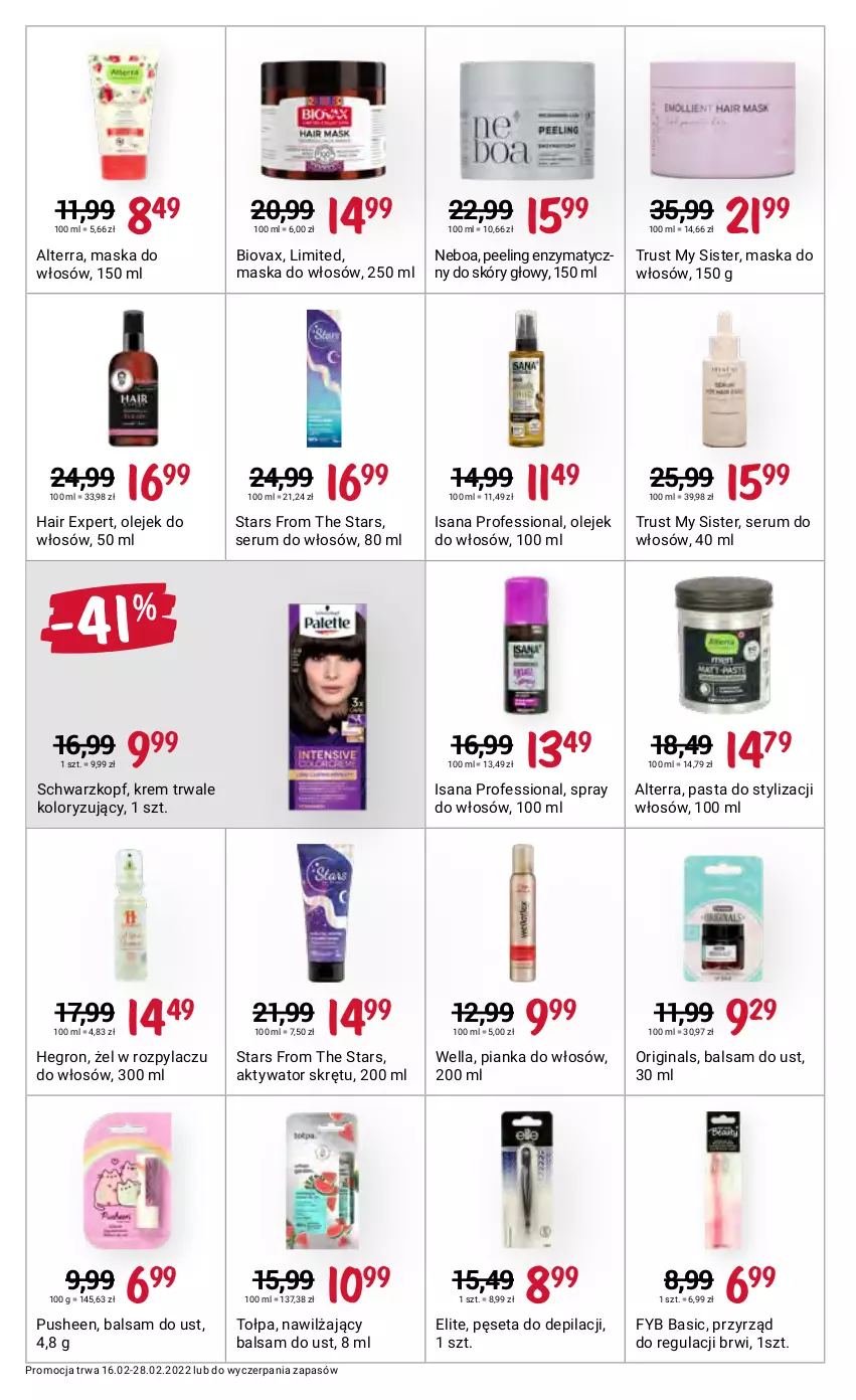 Gazetka promocyjna Rossmann - ważna 16.02 do 28.02.2022 - strona 6 - produkty: Alterra, Balsam do ust, Biovax, Gin, Hegron, Isana, Maska, Maska do włosów, Nawilżający balsam, Olej, Peeling, Pęseta, Pianka do włosów, Rum, Rust, Schwarzkopf, Ser, Serum, Serum do włosów, Tołpa, Wella