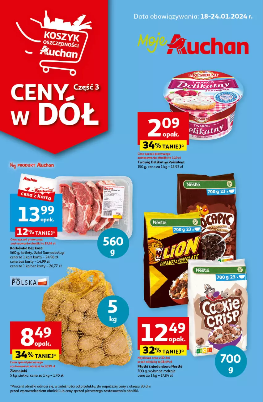 Gazetka promocyjna Auchan - Gazetka Ceny w dół Część 3 Moje Auchan - ważna 18.01 do 24.01.2024 - strona 1 - produkty: Danio, Kotlet, Rzodkiewka, Siatka, Twaróg, Twaróg delikatny, Ziemniaki