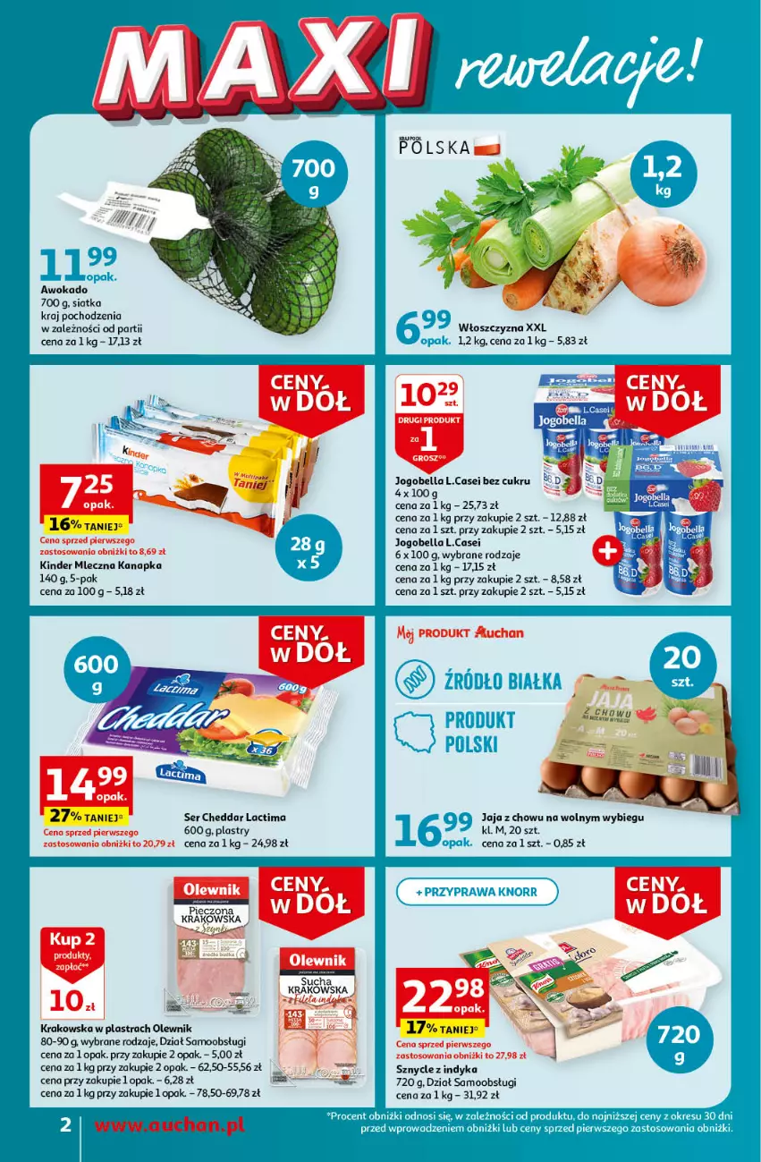 Gazetka promocyjna Auchan - Gazetka Ceny w dół Część 3 Moje Auchan - ważna 18.01 do 24.01.2024 - strona 2 - produkty: Bell, Bella, Cheddar, Jaja, Jogobella, Kinder, Mleczna kanapka, Olewnik, Ser, Siatka