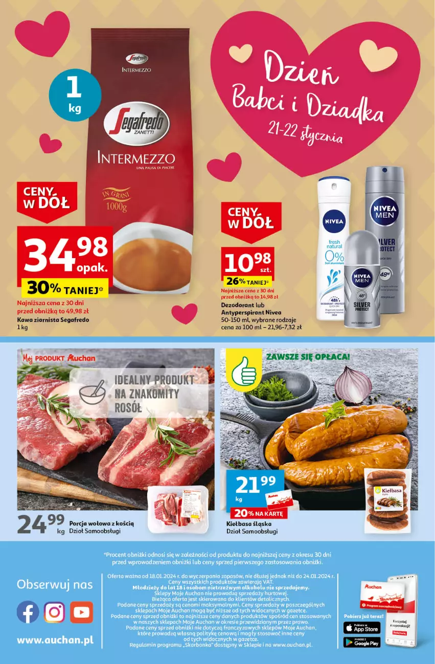 Gazetka promocyjna Auchan - Gazetka Ceny w dół Część 3 Moje Auchan - ważna 18.01 do 24.01.2024 - strona 4 - produkty: Antyperspirant, Dezodorant, Kawa, Kawa ziarnista, Kiełbasa, Kiełbasa śląska, Nivea, Por, Segafredo