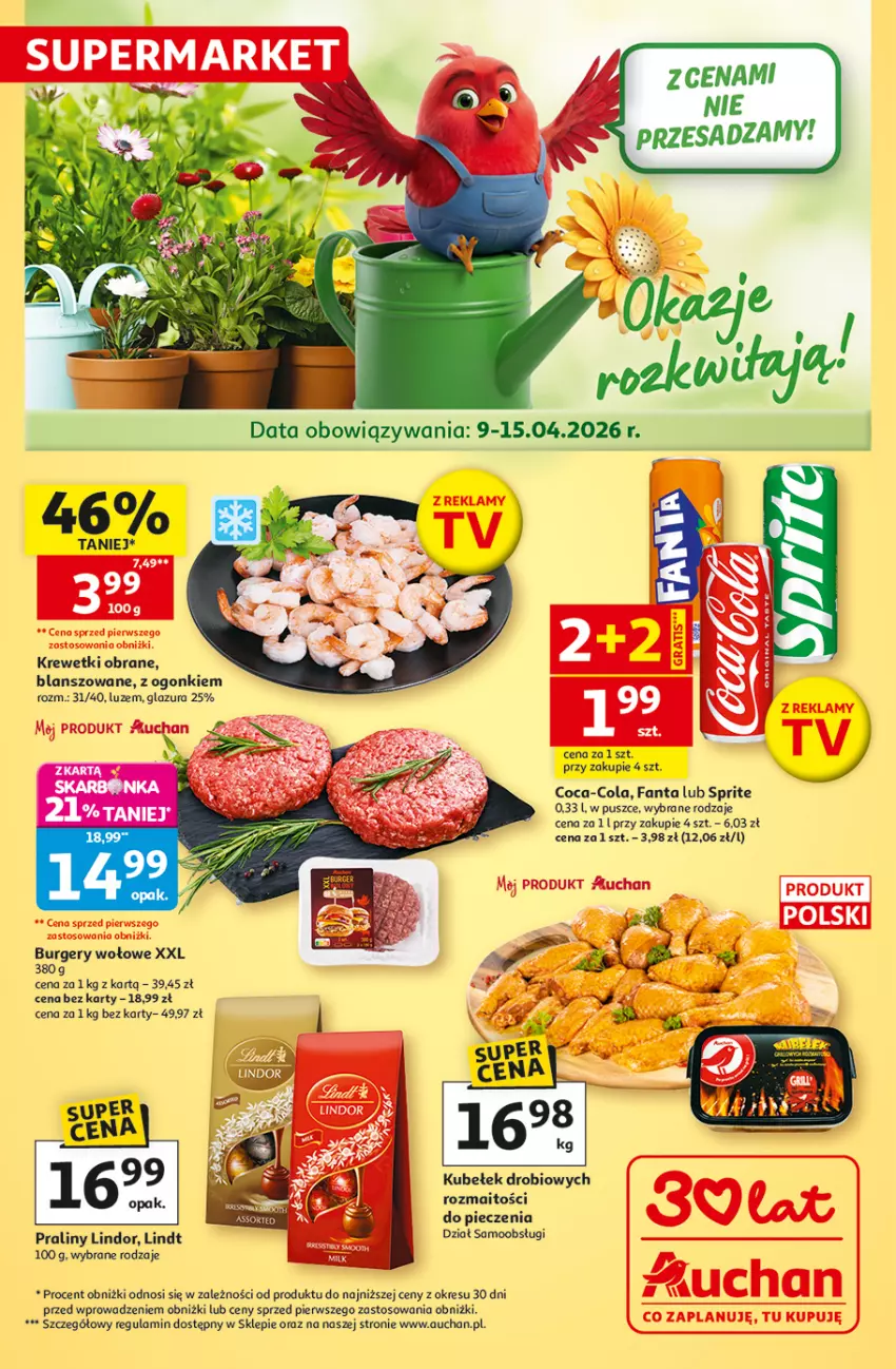 Gazetka promocyjna Auchan - Gazetka 30 Lat Supermarket Auchan - ważna 09.04 do 15.04.2026 - strona 1 - produkty: Burger, Coca-Cola, Fa, Fanta, Glazura, Krewetki, Lazur, Lindor, Lindt, Piec, Praliny, Sprite