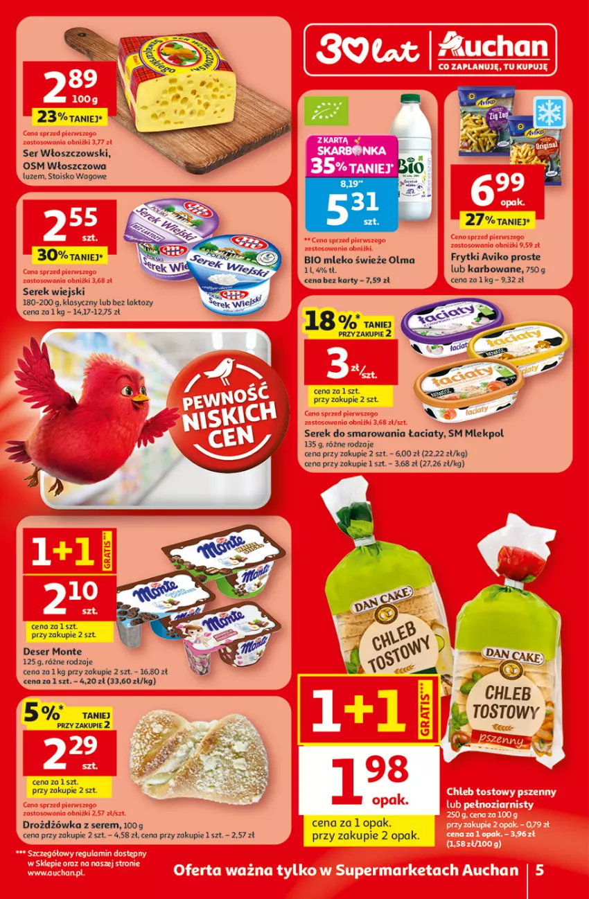 Gazetka promocyjna Auchan - Gazetka 30 Lat Supermarket Auchan - ważna 09.04 do 15.04.2026 - strona 5 - produkty: Deser, Mleko, Monte, Olma, Ser, Serek, Serek wiejski, Włoszczowski