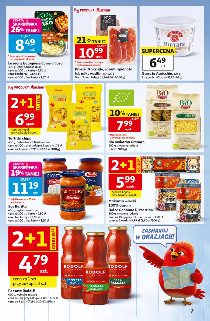 Gazetka promocyjna Auchan - Gazetka 30 Lat Hipermarket Auchan - ważna 06.08 do 12.08.2026 - strona 7 - produkty: Barilla, Burrata, Gra, Lasagne, Lasagne bolognese, Makaron, Odol, Prosciutto, Rum, Salami, Ser, Sos, Tortilla, Tortilla Chips