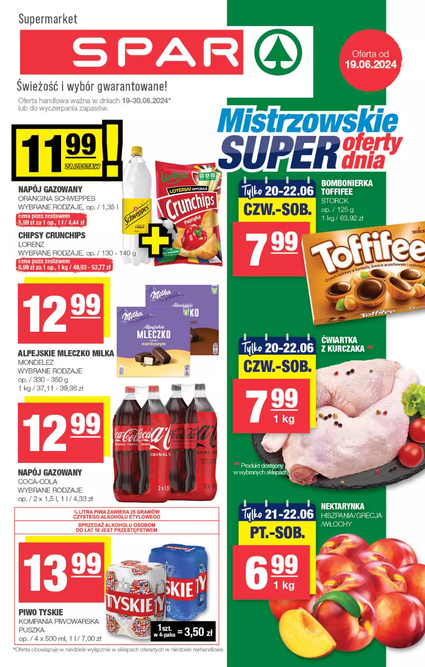 Gazetka promocyjna Spar - Spar - ważna 16.06 do 26.06.2024 - strona 1 - produkty: Chipsy, Coca-Cola, Crunchips, Gin, Kurczak, Lorenz, Milka, Mleczko, Napój, Napój gazowany, Nektar, Nektarynka, Piwo, Schweppes, Toffifee, Tyskie