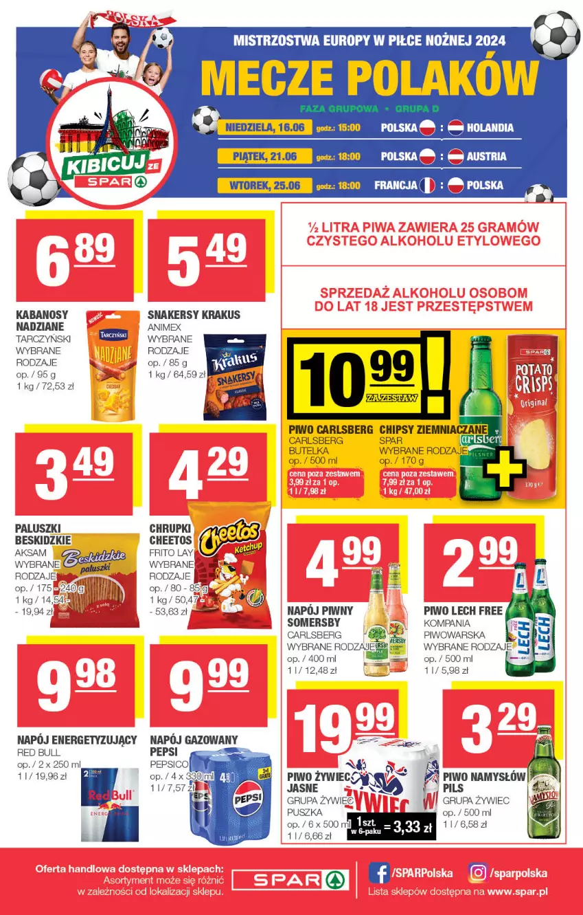 Gazetka promocyjna Spar - Spar - ważna 16.06 do 26.06.2024 - strona 8 - produkty: Aksam, Beskidzki, Carlsberg, Cheetos, Chipsy, Chrupki, Kabanos, Krakus, Mecze, Mus, Namysłów, Napój, Napój gazowany, Noż, Pepsi, Piwo, Red Bull, Somersby, Tarczyński