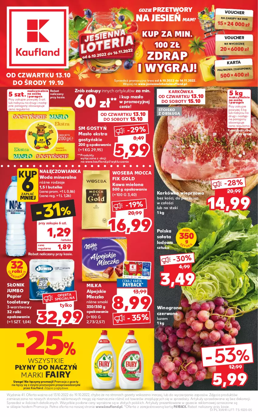 Gazetka promocyjna Kaufland - OFERTA TYGODNIA - ważna 13.10 do 19.10.2022 - strona 1 - produkty: Fa, Fairy, Gra, Karkówka wieprzowa, Kawa, Kawa mielona, Masło, Milka, Mleczko, Mocca Fix Gold, Nałęczowianka, Papier, Papier toaletowy, Piec, Rolki, Sałat, Sałata lodowa, Stek, Waga, Wino, Winogrona, Woda, Woda mineralna, Woseba