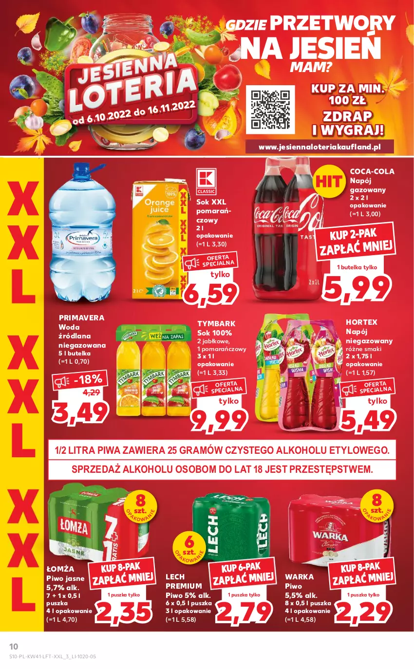 Gazetka promocyjna Kaufland - OFERTA TYGODNIA - ważna 13.10 do 19.10.2022 - strona 10 - produkty: Coca-Cola, Gra, Hortex, LANA, Lech Premium, Napój, Napój gazowany, Napój niegazowany, Piwa, Piwo, Piwo jasne, Prima, Primavera, Sok, Tymbark, Warka, Woda