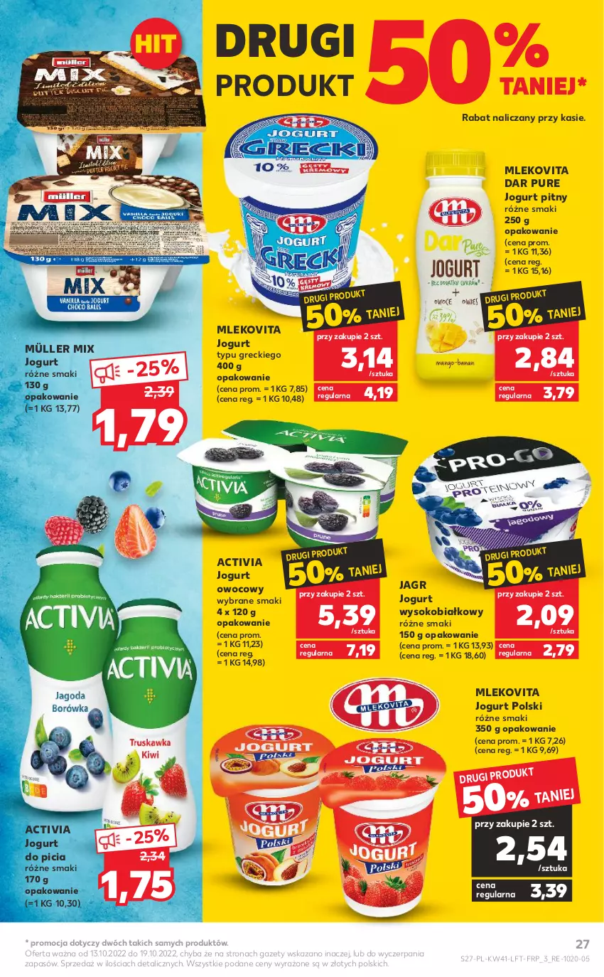 Gazetka promocyjna Kaufland - OFERTA TYGODNIA - ważna 13.10 do 19.10.2022 - strona 27 - produkty: Activia, Jagr, Jogurt, Jogurt owocowy, Jogurt pitny, Mleko, Mlekovita, Müller, Müller Mix, Pur, Sok