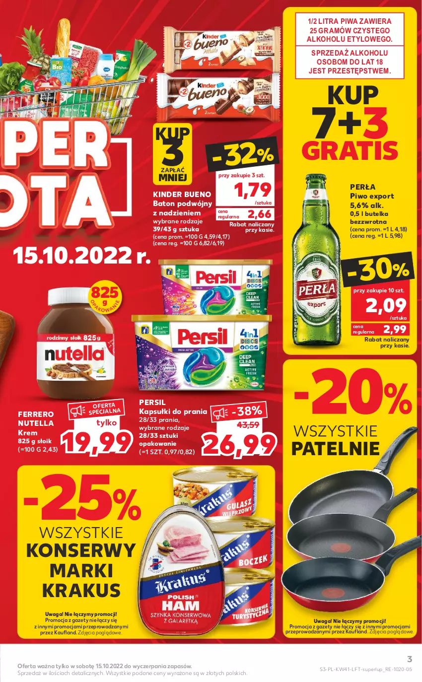 Gazetka promocyjna Kaufland - OFERTA TYGODNIA - ważna 13.10 do 19.10.2022 - strona 3 - produkty: Baton, Ferrero, Gra, Kapsułki do prania, Kinder, Kinder Bueno, Krakus, Nutella, Perła, Persil, Piwa, Piwo, Por, Ser, Waga