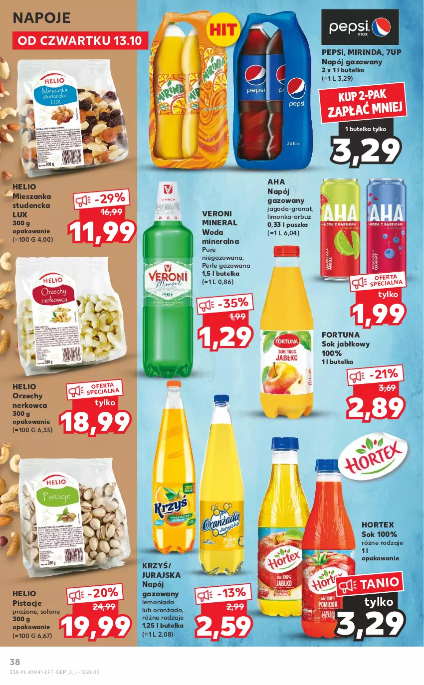 Gazetka promocyjna Kaufland - OFERTA TYGODNIA - ważna 13.10 do 19.10.2022 - strona 38 - produkty: 7up, Arbuz, Fortuna, Gra, Granat, Helio, Hortex, Lemoniada, Limonka, Mieszanka studencka, Mirinda, Napój, Napój gazowany, Napoje, Oranżada, Pepsi, Pistacje, Pur, Sok, Sok jabłkowy, Woda, Woda mineralna