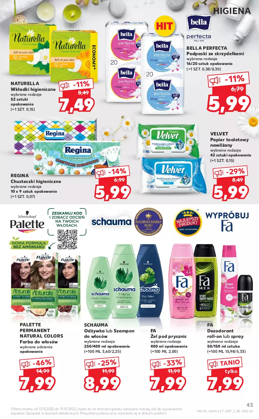 Gazetka promocyjna Kaufland - OFERTA TYGODNIA - ważna 13.10 do 19.10.2022 - strona 43 - produkty: Bell, Bella, Chusteczki, Dezodorant, Fa, Farba do włosów, Gin, Naturell, Naturella, Odżywka, Palette, Papier, Papier toaletowy, Perfecta, Podpaski, Podpaski ze skrzydełkami, Schauma, Szampon, Velvet, Wkładki