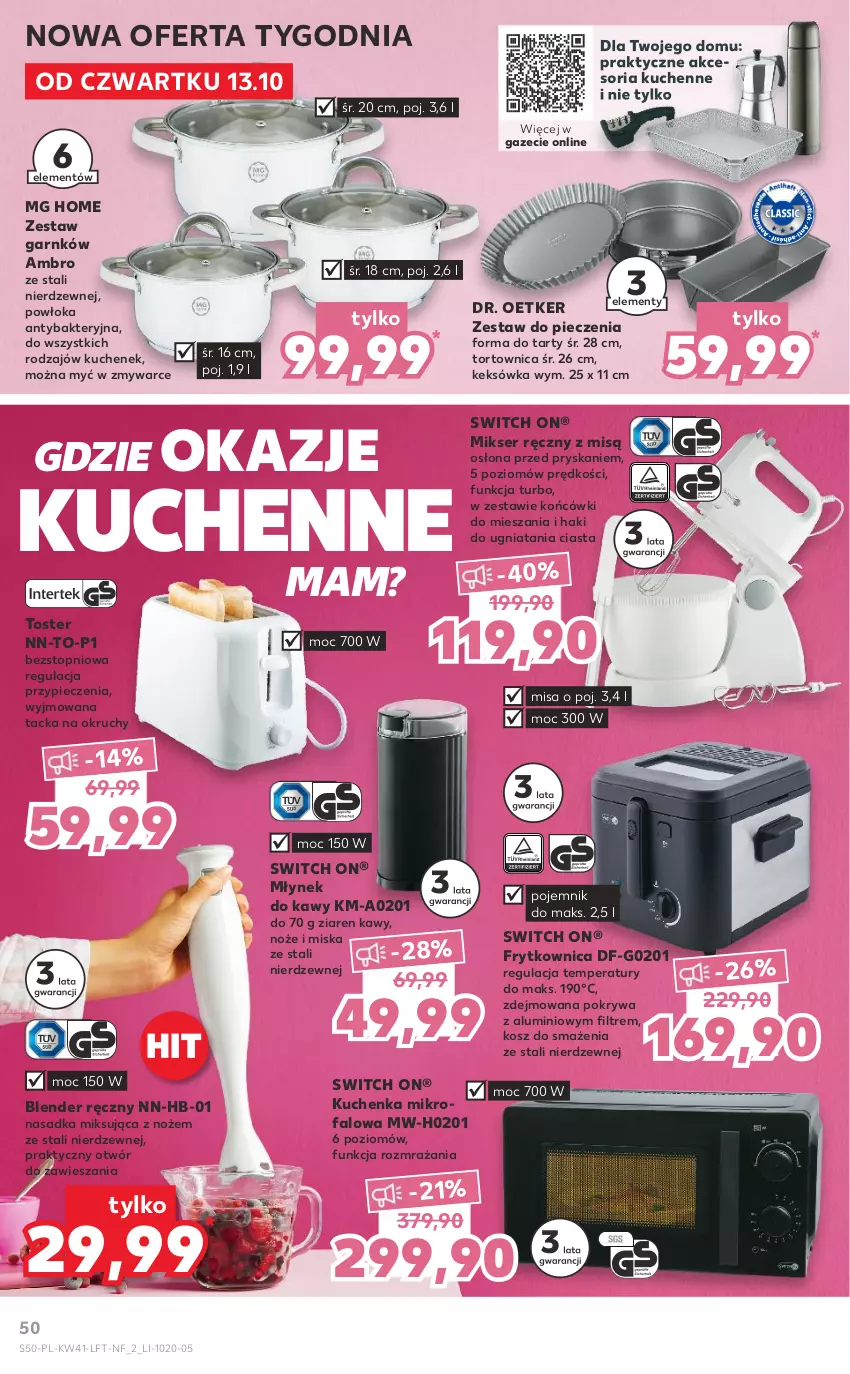 Gazetka promocyjna Kaufland - OFERTA TYGODNIA - ważna 13.10 do 19.10.2022 - strona 50 - produkty: Blender, Blender ręczny, Dr. Oetker, Fa, Keksówka, Kosz, Kuchenka mikrofalowa, Mikser, Mikser ręczny, Miska, Młynek, Młynek do kawy, Noż, Piec, Pojemnik, Pokrywa, Ser, Top, Tortownica, Toster