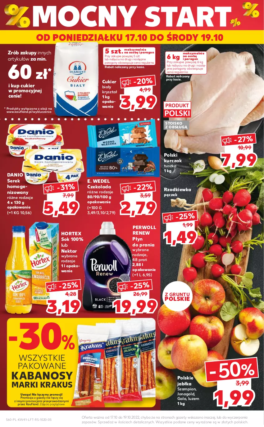 Gazetka promocyjna Kaufland - OFERTA TYGODNIA - ważna 13.10 do 19.10.2022 - strona 60 - produkty: Cukier, Czekolada, Danio, E. Wedel, Gala, Grunt, Hortex, Jabłka, Jonagold, Kabanos, Krakus, Kurczak, Nektar, Perwoll, Płyn do prania, Rzodkiewka, Ser, Serek, Serek homogenizowany, Sok, Szampion, Tusz, Waga