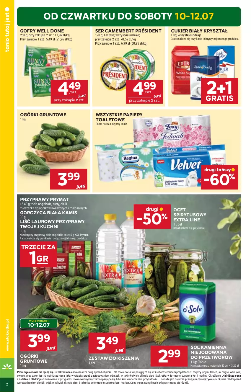 Gazetka promocyjna Stokrotka - Market - ważna 10.07 do 16.07.2025 - strona 2 - produkty: Camembert, Cukier, Gofry, Gra, Grunt, Kamis, Laur, Mięso, Ocet, Owoce, Papier, Président, Prymat, Przyprawy, Ser, Sól, Warzywa, Ziele angielskie