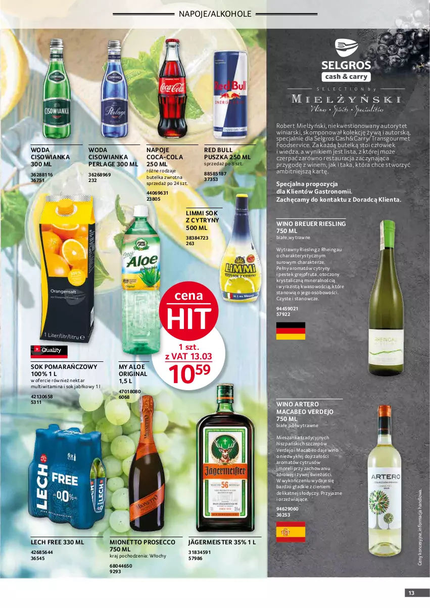 Gazetka promocyjna Selgros - Oferta gastronomiczna - ważna 01.01 do 31.01.2022 - strona 13 - produkty: Alkohole, Cisowianka, Coca-Cola, Cytryny, Gin, Grejpfrut, LG, Mionetto, Napoje, Nektar, Prosecco, Red Bull, Ser, Sok, Sok jabłkowy, Sok pomarańczowy, Stek, Tran, Wino, Woda