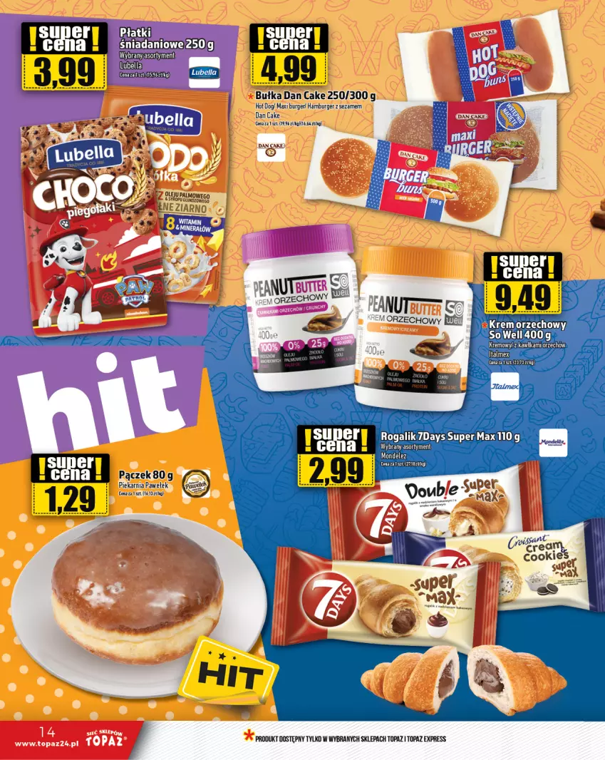 Gazetka promocyjna Topaz - Gazetka - ważna 25.01 do 31.01.2024 - strona 14 - produkty: Bułka, Burger, Dan Cake, Hamburger, Hot dog, Olej, Pączek, Rogal, Sezam, Top