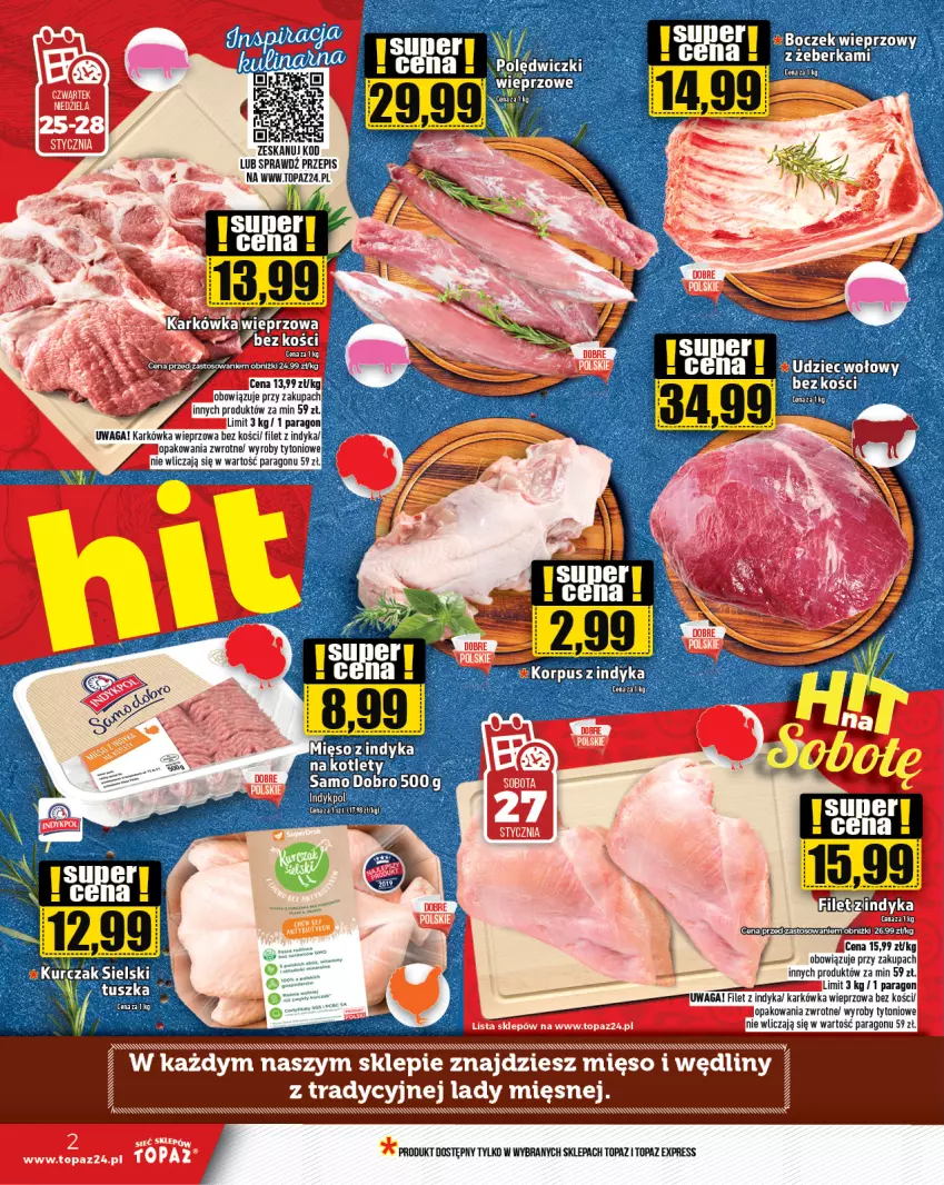 Gazetka promocyjna Topaz - Gazetka - ważna 25.01 do 31.01.2024 - strona 2 - produkty: Boczek, Karkówka wieprzowa, Kotlet, Kurczak, Mięso, Top, Tusz, Waga