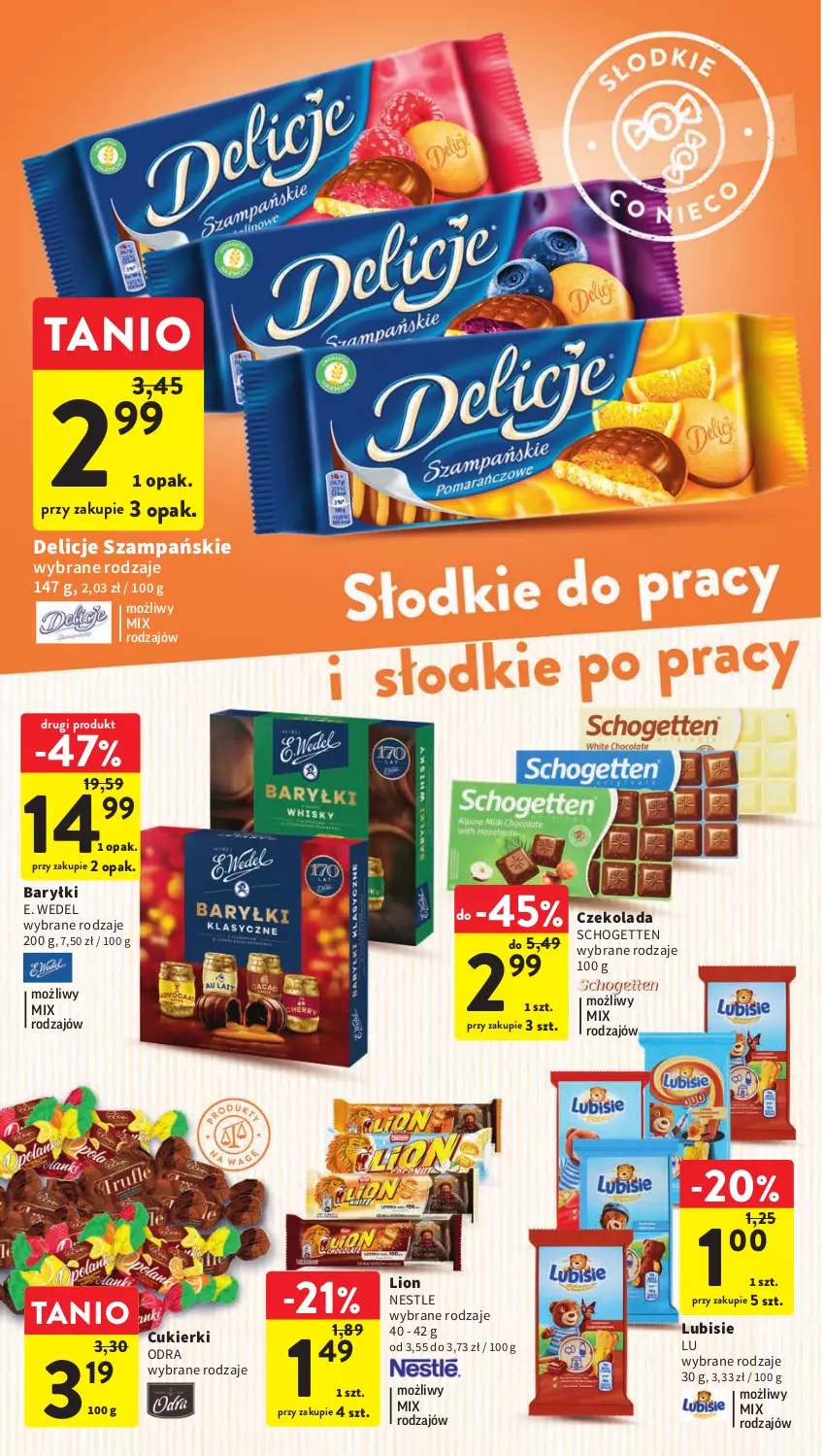 Gazetka promocyjna Intermarche - Gazetka Intermarche - ważna 04.05 do 10.05.2023 - strona 28 - produkty: Baryłki, Cukier, Cukierki, Czekolada, Delicje, E. Wedel, Lion, Lubisie, Schogetten