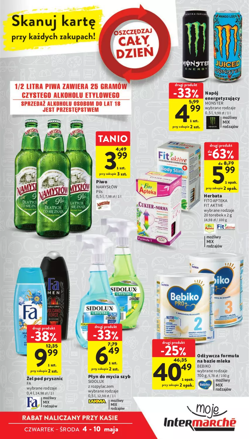 Gazetka promocyjna Intermarche - Gazetka Intermarche - ważna 04.05 do 10.05.2023 - strona 9 - produkty: Apteka, Bebiko, Fa, Herbata, Namysłów, Napój, Piwo, Płyn do mycia, Sidolux