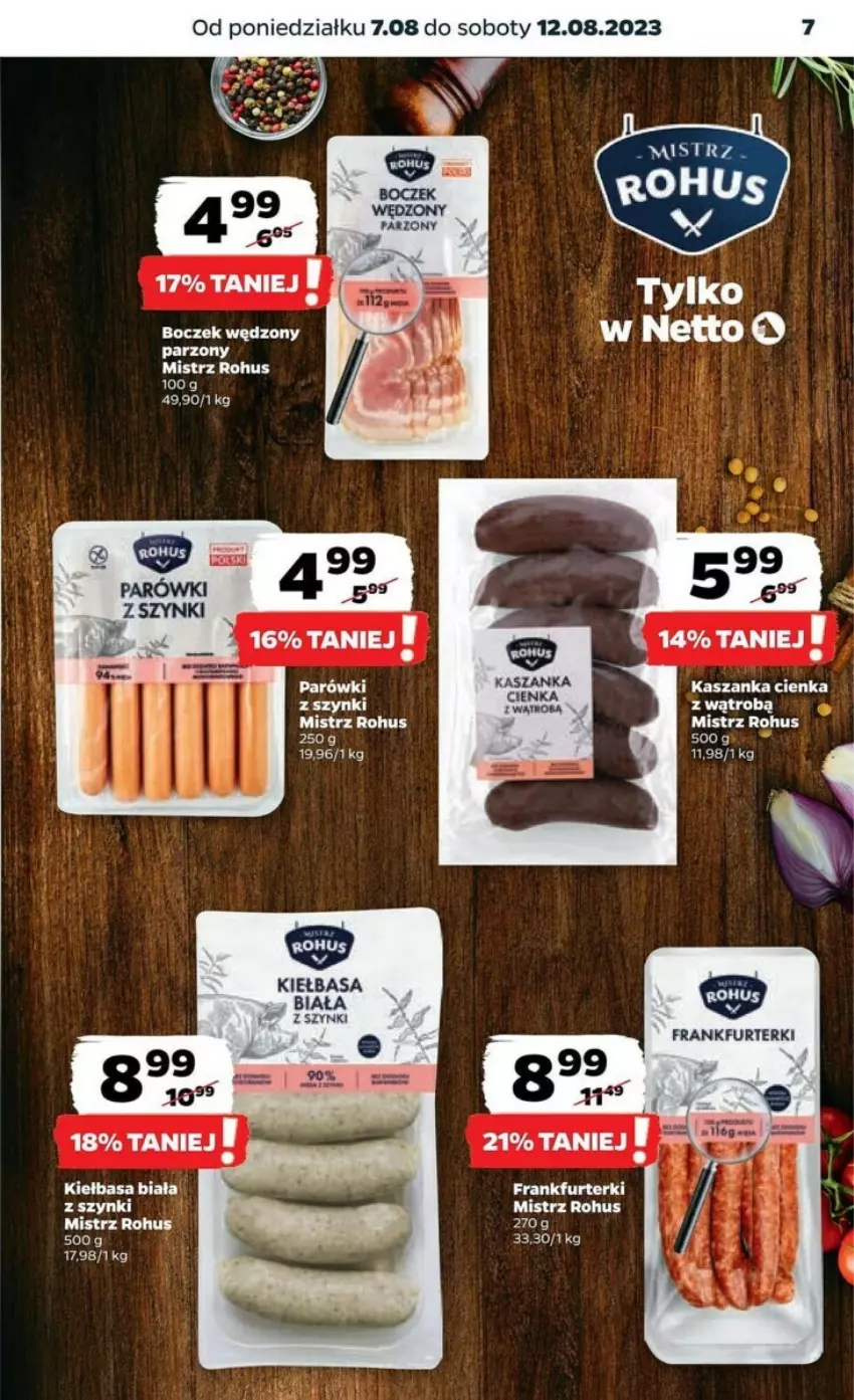 Gazetka promocyjna Netto - ważna 06.08 do 12.08.2023 - strona 23 - produkty: Boczek, Frankfurterki, Kasza, Kaszanka, Kiełbasa, Kiełbasa biała, Parówki