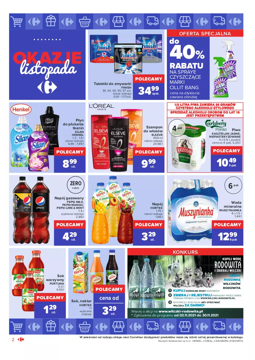 Gazetka promocyjna Carrefour - Gazetka Market Okazje listopada - ważna 02.11 do 30.11.2021 - strona 2 - produkty: Carlsberg, Cillit Bang, Elseve, Finish, Fortuna, Gra, Hortex, Kasztelan, L’Oréal, Mango, Mus, Muszynianka, Napój, Napój gazowany, Nektar, Pepsi, Pepsi max, Piwa, Piwo, Płyn do płukania, Silan, Sok, Szampon, Tablet, Tabletki do zmywarki, Top, Woda, Woda mineralna, Zmywarki