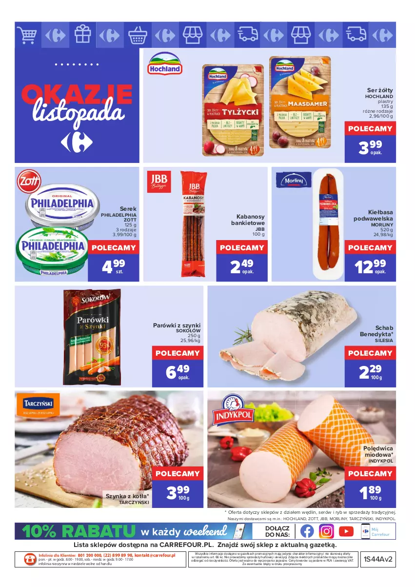 Gazetka promocyjna Carrefour - Gazetka Market Okazje listopada - ważna 02.11 do 30.11.2021 - strona 4 - produkty: Hochland, Kabanos, Kiełbasa, Kiełbasa podwawelska, Morliny, O nas, Parówki, Parówki z szynki, Philadelphia, Polędwica, Schab Benedykta, Ser, Serek, Sok, Sokołów, Szynka, Tarczyński, Top, Wawel, Zott