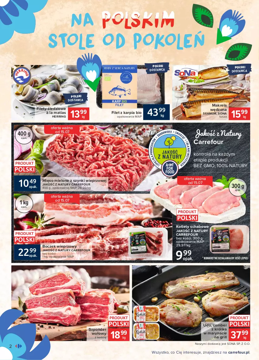 Gazetka promocyjna Carrefour - Gazetka Znane, lubiane i z POLSKI - ważna 12.07 do 19.07.2021 - strona 2 - produkty: Boczek, Boczek wieprzowy, Grill, Karp, Kotlet, Królik, Mięso, Mięso mielone, Mięso mielone z szynki, Szponder wołowy, Tusz