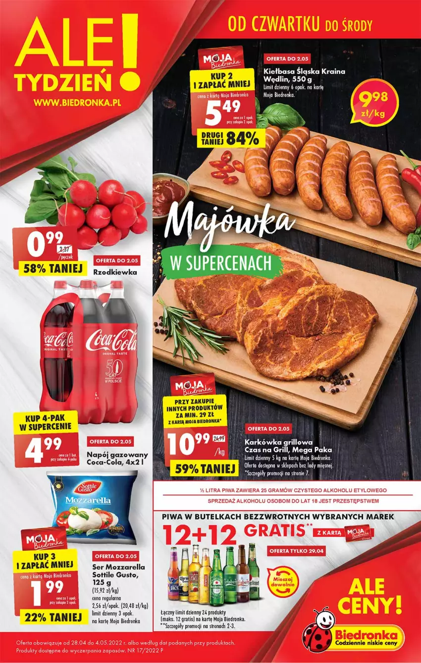 Gazetka promocyjna Biedronka - Majówka - ważna 28.04 do 04.05.2022 - strona 1 - produkty: Coca-Cola, Dron, Gra, Grill, Kiełbasa, Kiełbasa śląska, Mozzarella, Napój, Napój gazowany, Odol, Piwa, Ser