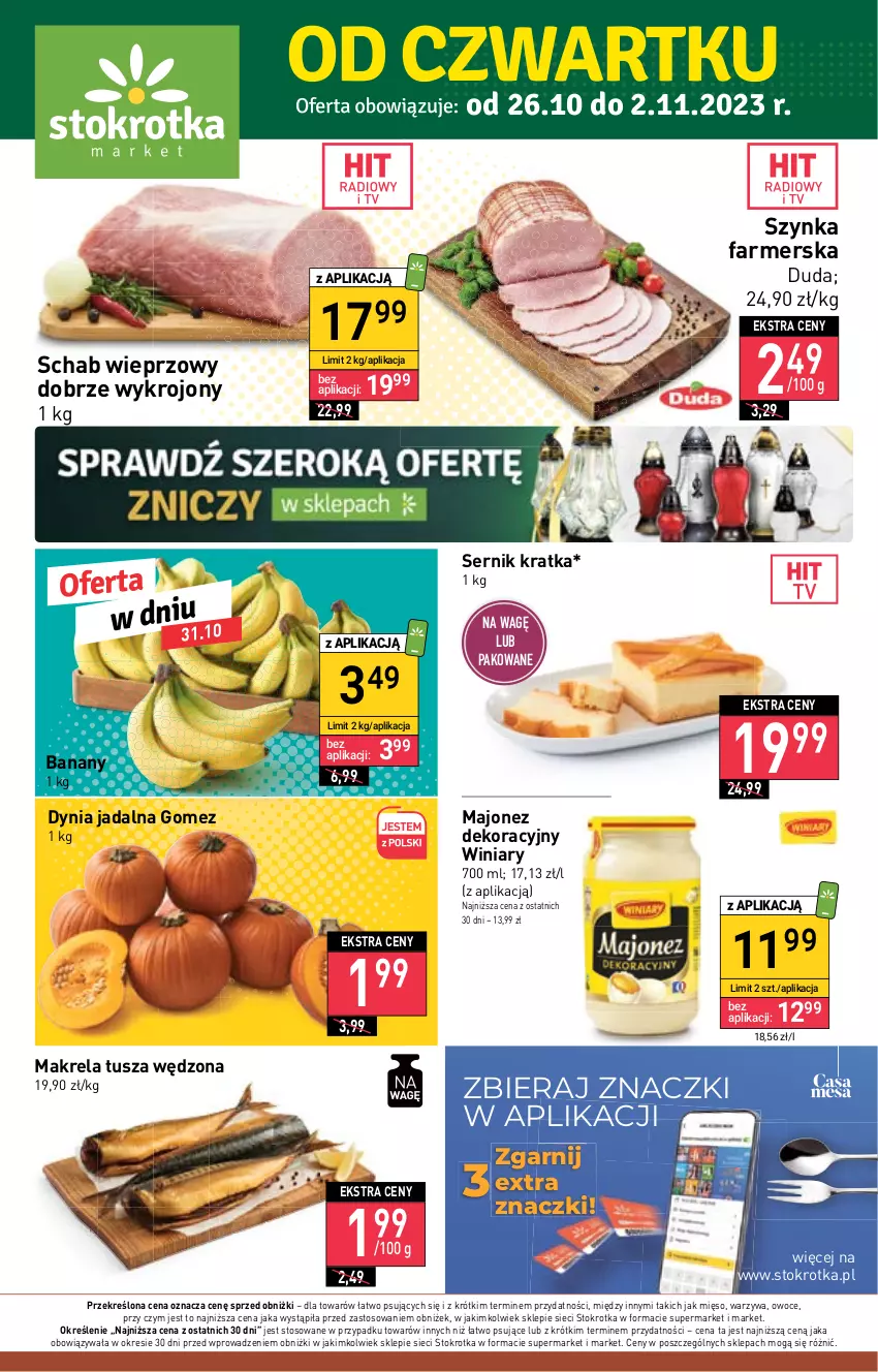 Gazetka promocyjna Stokrotka - Market - ważna 26.10 do 02.11.2023 - strona 1 - produkty: Banany, Duda, Fa, Majonez, Mięso, Owoce, Schab wieprzowy, Ser, Szynka, Szynka farmerska, Tusz, Warzywa, Winiary