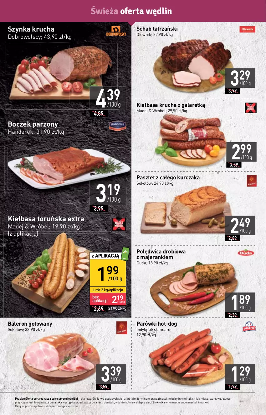 Gazetka promocyjna Stokrotka - Market - ważna 26.10 do 02.11.2023 - strona 10 - produkty: Boczek, Duda, Gala, Kiełbasa, Kiełbasa krucha, Kurczak, Mięso, Olewnik, Owoce, Parówki, Pasztet, Polędwica, Sok, Sokołów, Szynka, Warzywa