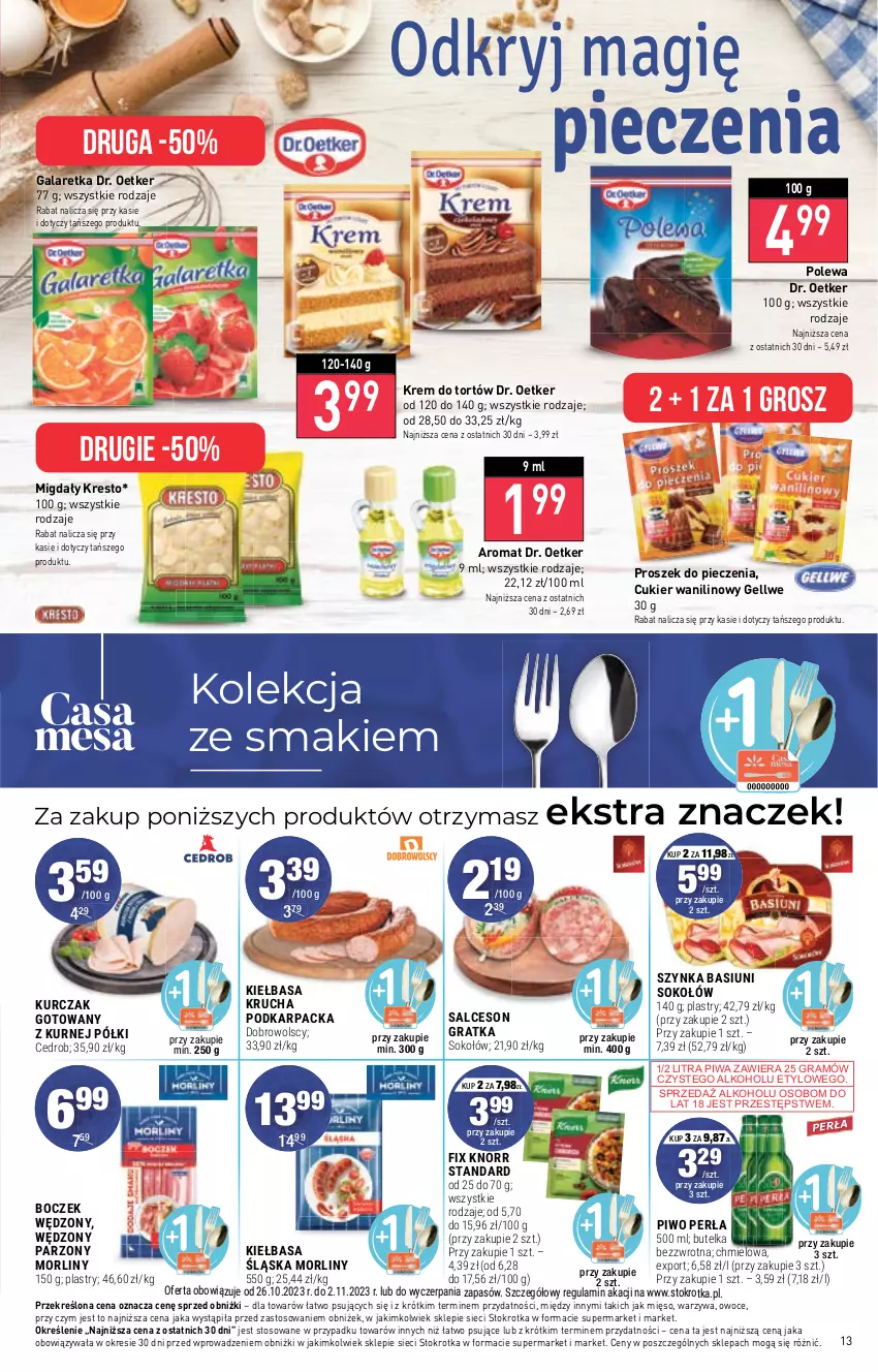 Gazetka promocyjna Stokrotka - Market - ważna 26.10 do 02.11.2023 - strona 17 - produkty: Boczek, Cukier, Cukier wanilinowy, Dr. Oetker, Gala, Galaretka, Gra, Karp, Kiełbasa, Kiełbasa krucha, Knorr, Krem do tortów, Kurczak, Kurczak gotowany, Mięso, Migdały, Morliny, Owoce, Perła, Piec, Piwa, Piwo, Por, Proszek do pieczenia, Salceson, Sok, Sokołów, Szynka, Warzywa