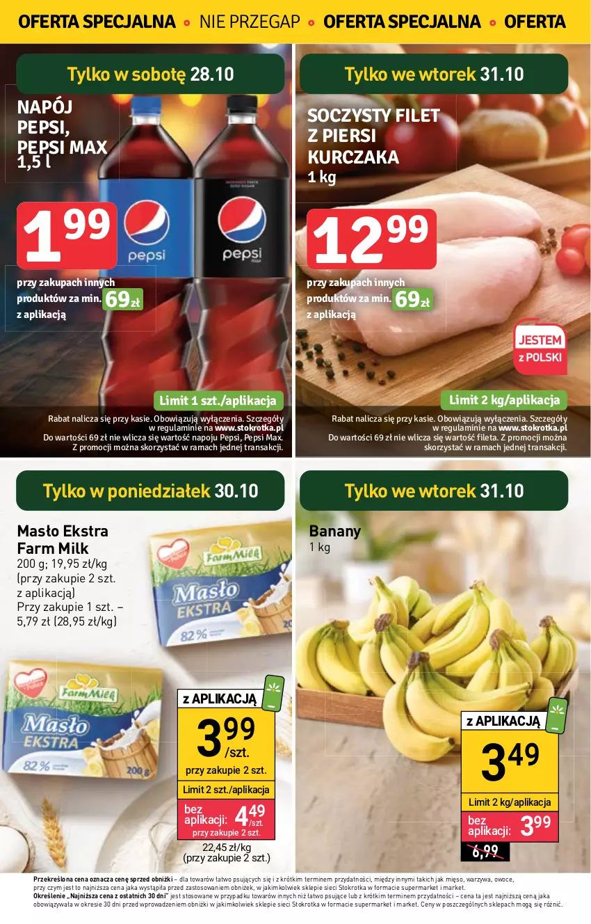 Gazetka promocyjna Stokrotka - Market - ważna 26.10 do 02.11.2023 - strona 6 - produkty: Banany, Fa, Farm Milk, Filet z piersi kurczaka, Kurczak, Masło, Mięso, Napój, Owoce, Pepsi, Pepsi max, Rama, Tran, Warzywa