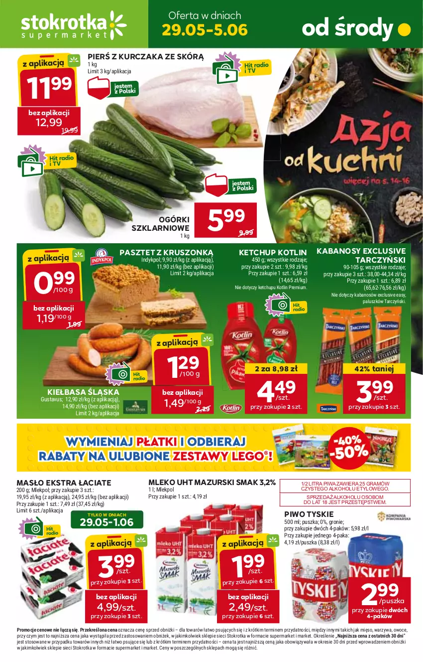 Gazetka promocyjna Stokrotka - Supermarket - ważna 29.05 do 05.06.2024 - strona 1 - produkty: Gra, HP, Kabanos, Ketchup, Kiełbasa, Kiełbasa śląska, Kotlin, Kurczak, Masło, Mleko, Pasztet, Piwa, Piwo, Tarczyński, Tyskie