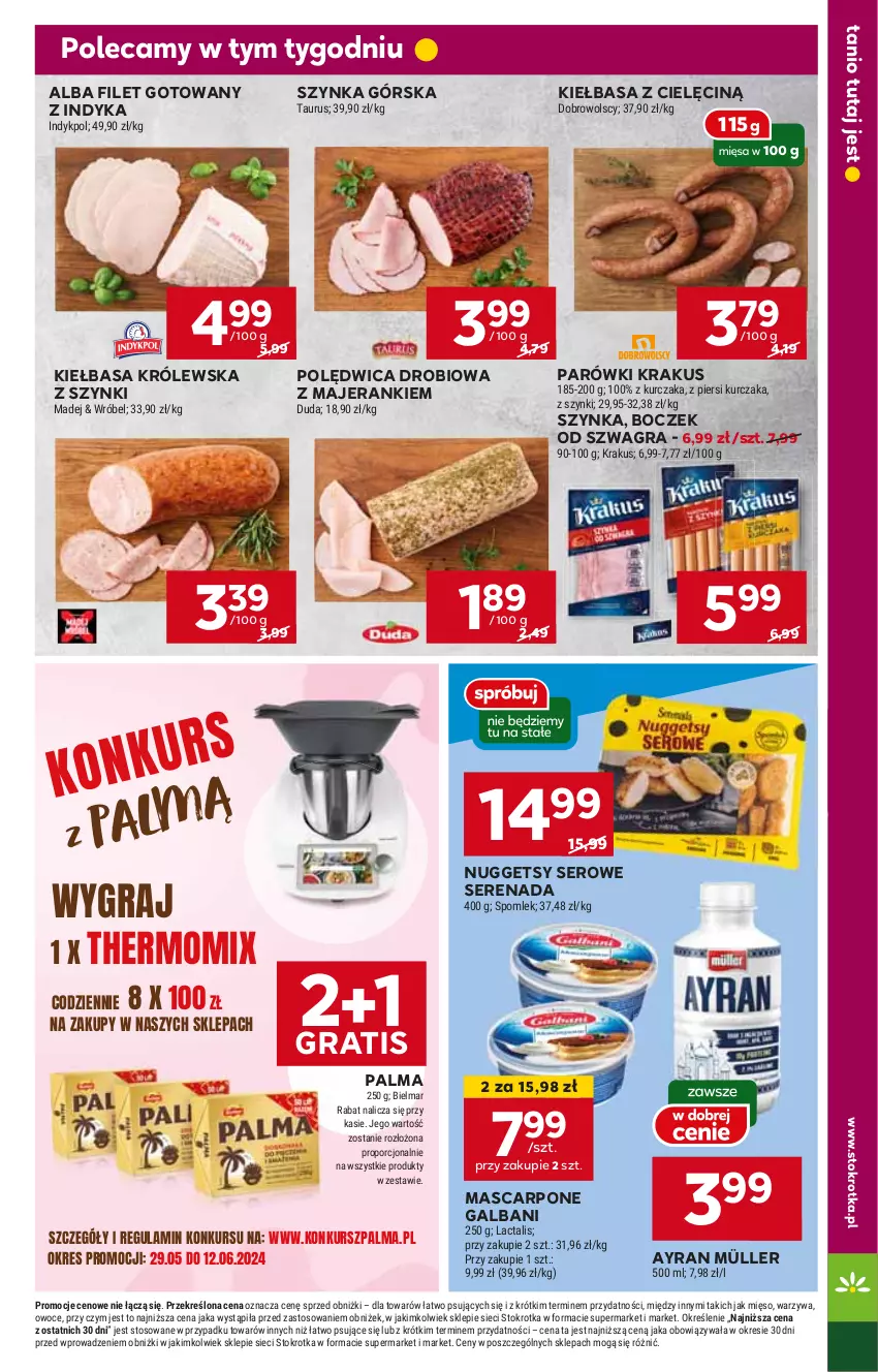 Gazetka promocyjna Stokrotka - Supermarket - ważna 29.05 do 05.06.2024 - strona 13 - produkty: Boczek, Galbani, Gra, HP, Kiełbasa, Krakus, Mascarpone, Müller, Palma, Parówki, Polędwica, Ser, Szynka