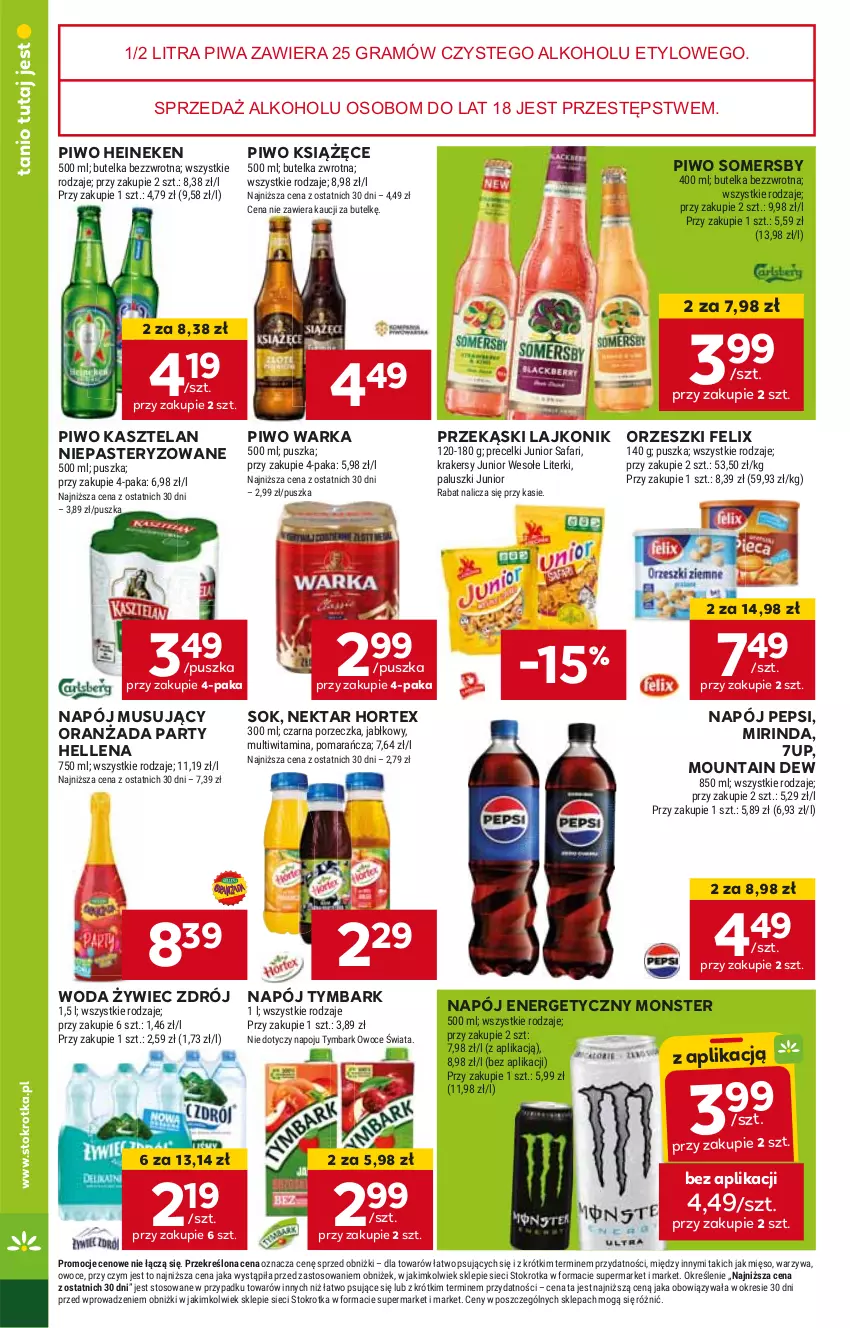 Gazetka promocyjna Stokrotka - Supermarket - ważna 29.05 do 05.06.2024 - strona 27 - produkty: 7up, Felix, Gra, Heineken, Hellena, Hortex, HP, Kasztelan, Książęce, Lajkonik, Mirinda, Mus, Napój, Napój energetyczny, Napój musujący, Nektar, Oranżada, Orzeszki, Pepsi, Piwa, Piwo, Sok, Somersby, Tymbark, Warka, Woda