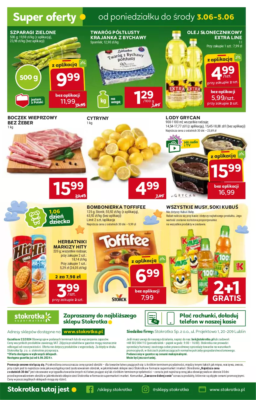 Gazetka promocyjna Stokrotka - Supermarket - ważna 29.05 do 05.06.2024 - strona 33 - produkty: Boczek, Boczek wieprzowy, Cytryny, Dres, Gra, Gry, Herbatniki, HP, JBL, Kubuś, Lody, Mus, Olej, Olej słonecznikowy, Sok, Telefon, Toffifee, Twaróg, Twaróg półtłusty