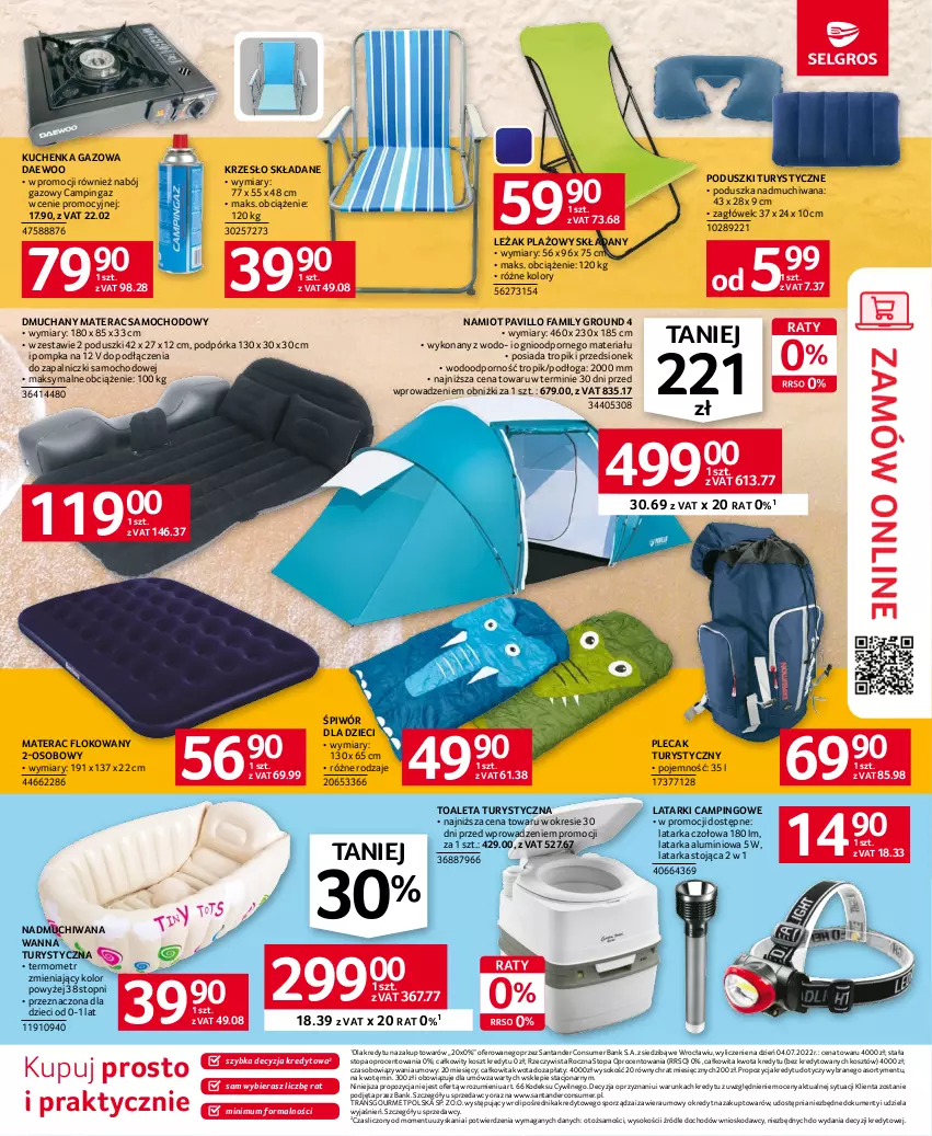 Gazetka promocyjna Selgros - Katalog Urlop - ważna 04.05 do 30.06.2023 - strona 9 - produkty: Daewoo, Dzieci, Fa, Kosz, Krzesło, Krzesło składane, Latarka, Latarka czołowa, Materac, Namiot, Plecak, Poduszka, Pompka, Por, Sok, Sprzedawcy, Tarka, Tera, Termometr, Top, Tran, Wanna, Zagłówek