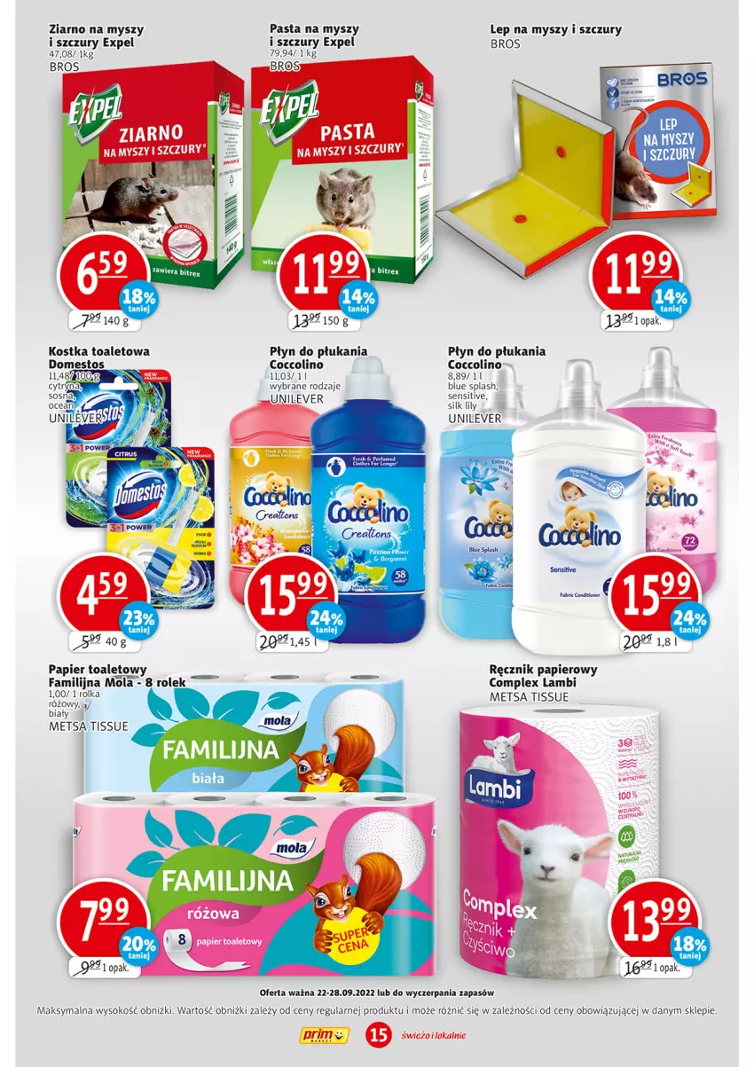 Gazetka promocyjna Prim Market - ważna 22.09 do 28.09.2022 - strona 15 - produkty: Coccolino, Domestos, Fa, Mola, Mysz, Papier, Papier toaletowy, Płyn do płukania, Ręcznik, Sok