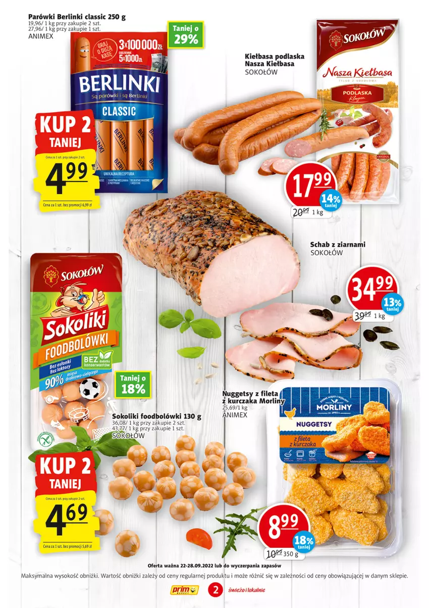 Gazetka promocyjna Prim Market - ważna 22.09 do 28.09.2022 - strona 2 - produkty: Berlinki, Kiełbasa, Kurczak, Morliny, Parówki, Sok, Sokołów