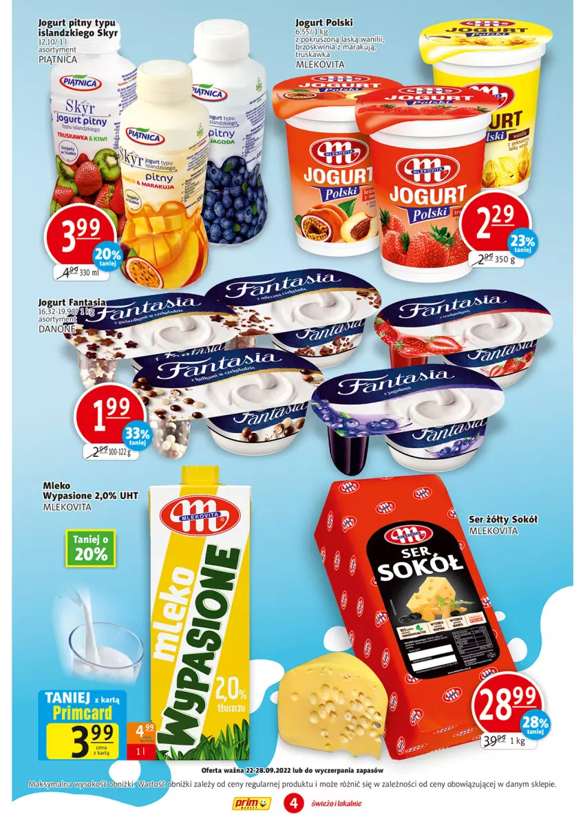 Gazetka promocyjna Prim Market - ważna 22.09 do 28.09.2022 - strona 4 - produkty: Isla, Jogurt, Jogurt pitny, Mleko, Mlekovita, Ser, Sok, Sokół