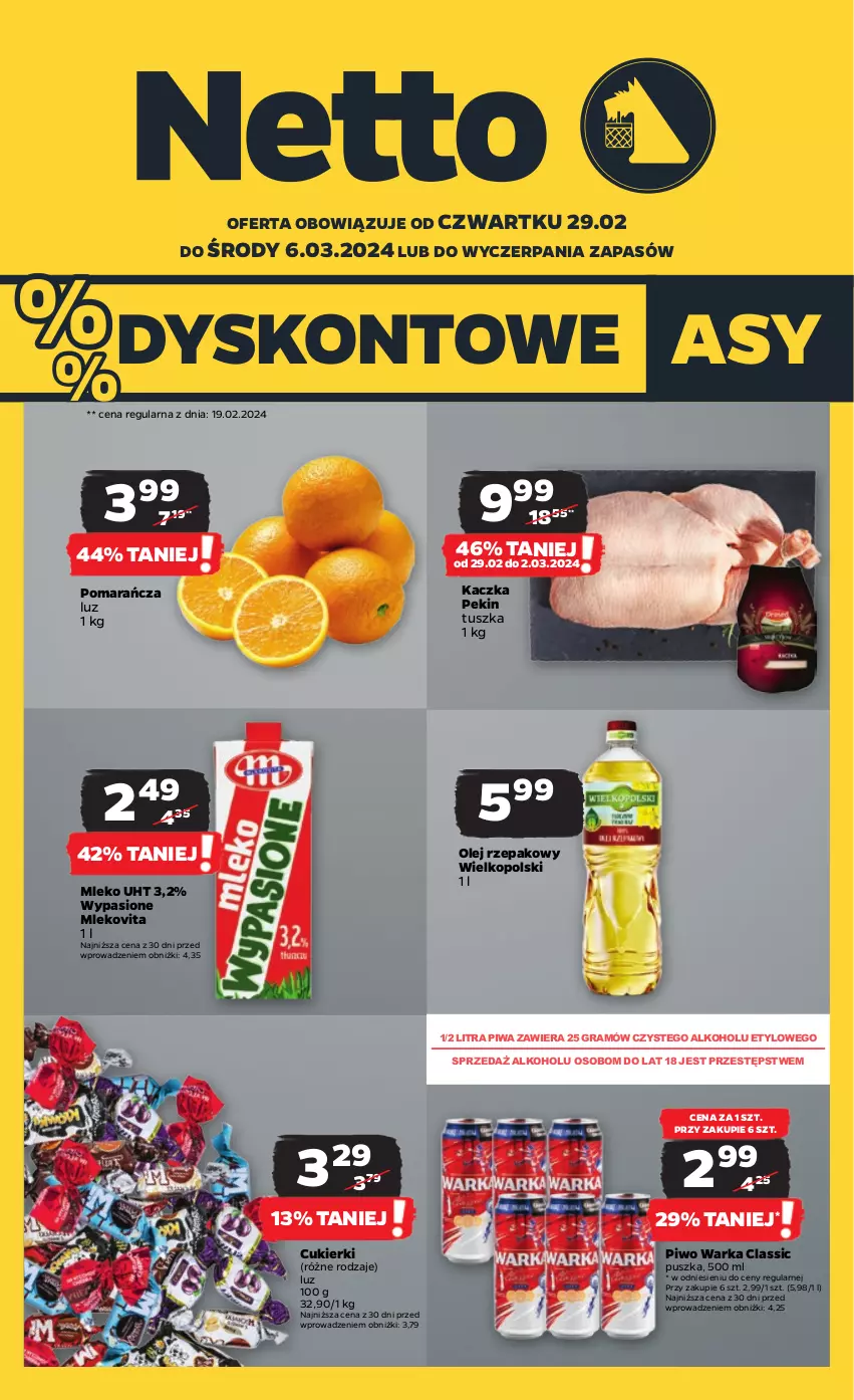 Gazetka promocyjna Netto - Artykuły spożywcze - ważna 29.02 do 06.03.2024 - strona 1 - produkty: Cukier, Cukierki, Gra, Kaczka, Mleko, Mlekovita, Olej, Olej rzepakowy, Piwa, Piwo, Tusz, Warka