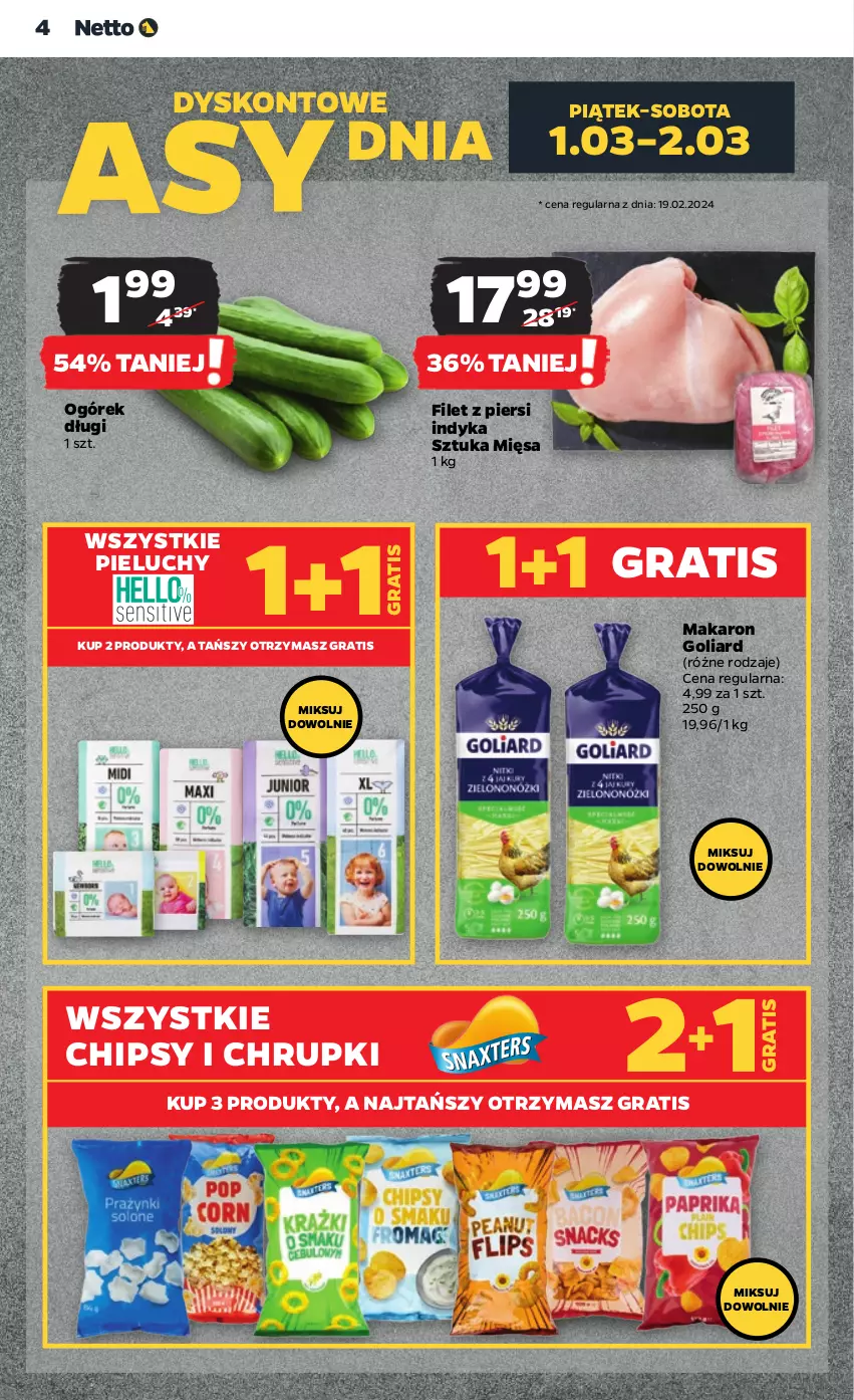 Gazetka promocyjna Netto - Artykuły spożywcze - ważna 29.02 do 06.03.2024 - strona 4 - produkty: Chipsy, Chrupki, Filet z piersi indyka, Goliard, Gra, Makaron, Ogórek, Pieluchy