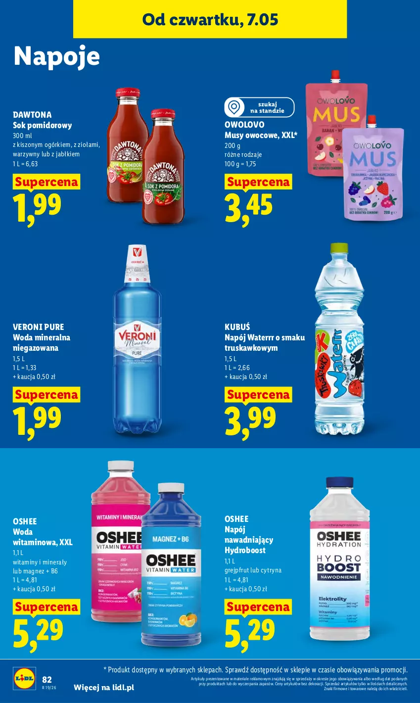 Gazetka promocyjna Lidl - Gazetka ważna od 7.05 do 9.05 - ważna 07.05 do 09.05.2026 - strona 84 - produkty: Dawtona, Grejpfrut, Kubuś, Magnez, Mus, Napój, Napoje, Oshee, Pur, Sok, Sok pomidorowy, Woda, Woda mineralna