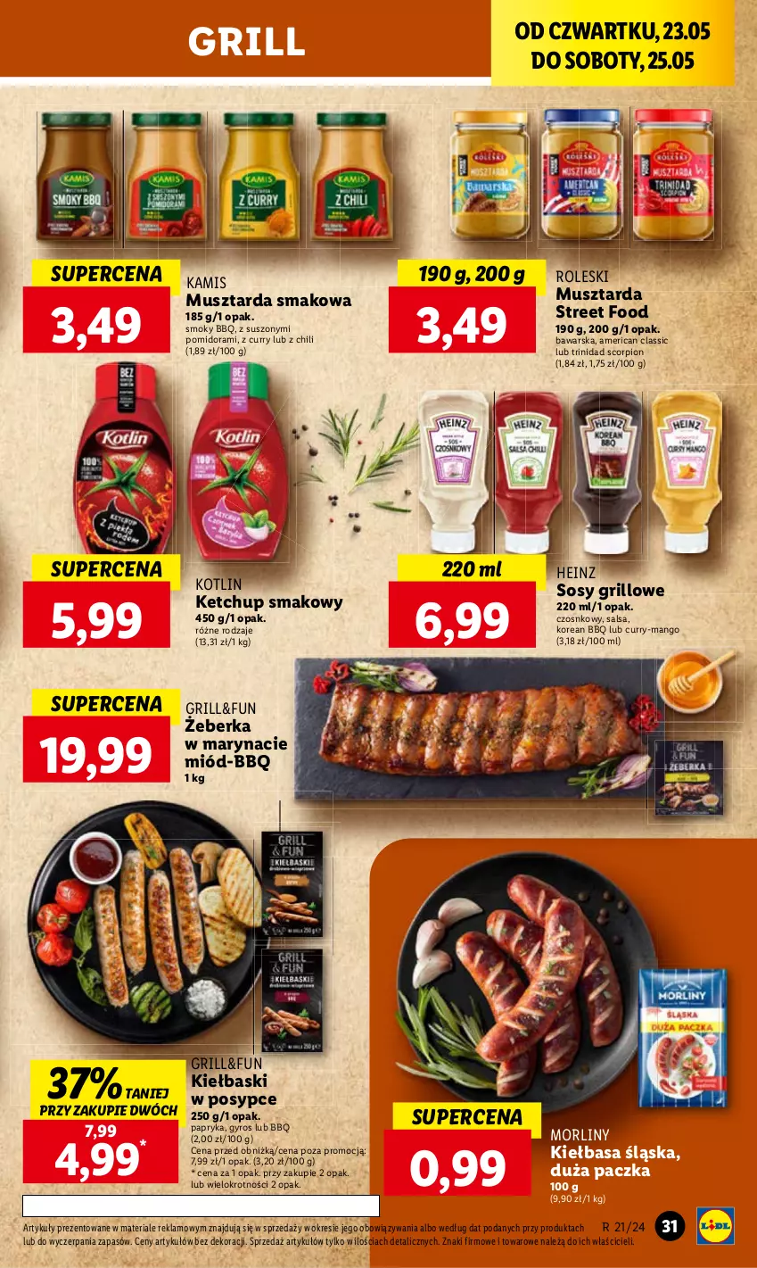 Gazetka promocyjna Lidl - GAZETKA - ważna 23.05 do 25.05.2024 - strona 38 - produkty: Grill, Gyros, Heinz, Kamis, Ketchup, Kiełbasa, Kiełbasa śląska, Kotlin, Mango, Miód, Morliny, Mus, Musztarda, Papryka, Salsa, Sos