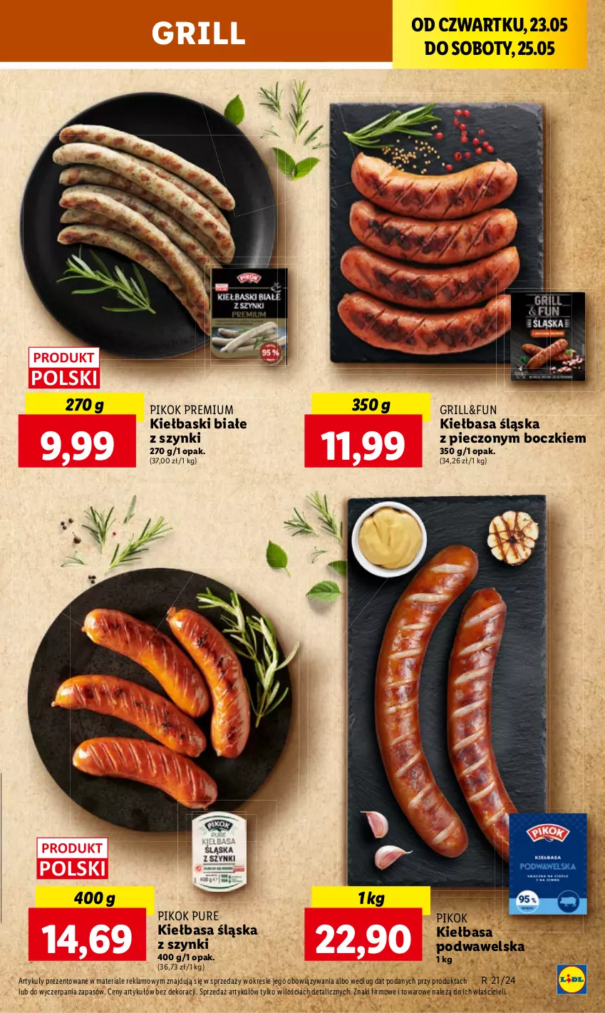 Gazetka promocyjna Lidl - GAZETKA - ważna 23.05 do 25.05.2024 - strona 40 - produkty: Grill, Kiełbasa, Kiełbasa podwawelska, Kiełbasa śląska, Kiełbaski białe, Piec, PIKOK, Pur, Wawel