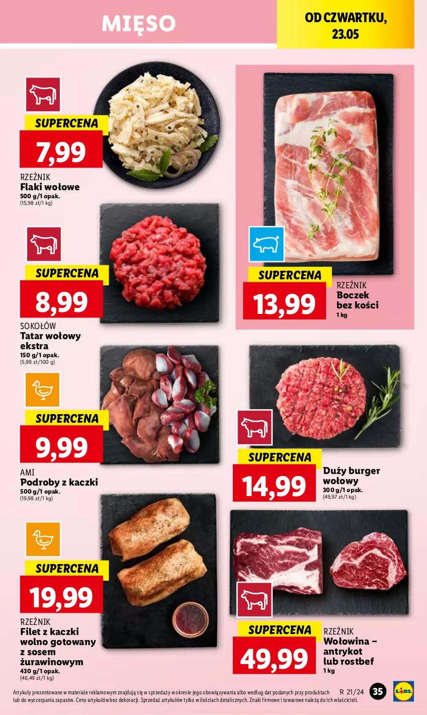 Gazetka promocyjna Lidl - GAZETKA - ważna 23.05 do 25.05.2024 - strona 44 - produkty: Boczek, Boczek bez kości, Burger, Flaki, Flaki wołowe, Mięso, Podroby z kaczki, Rostbef, Sok, Sokołów, Sos, Tatar wołowy, Wino, Wołowina