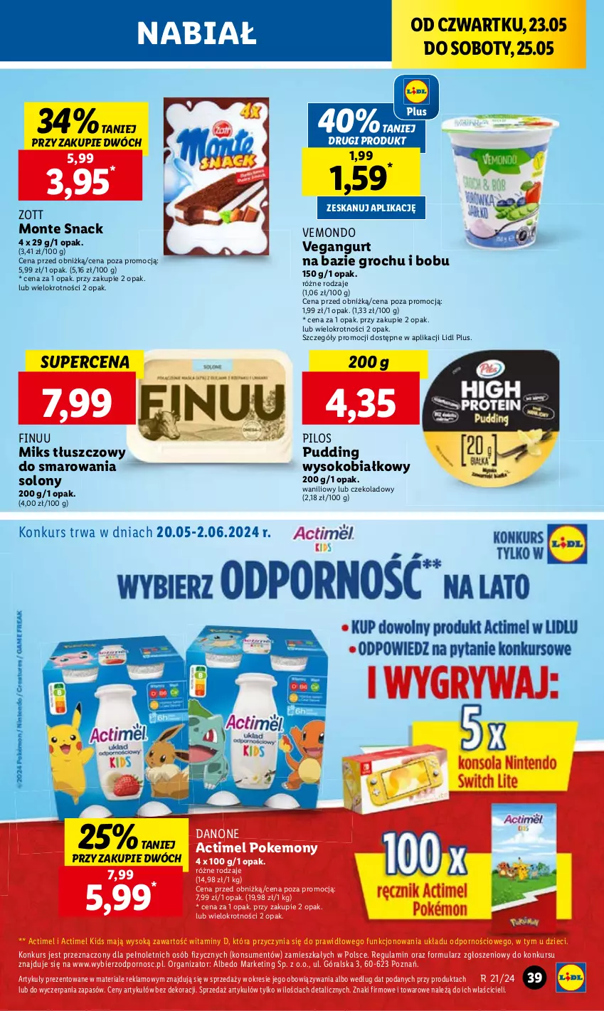 Gazetka promocyjna Lidl - GAZETKA - ważna 23.05 do 25.05.2024 - strona 48 - produkty: Actimel, Danone, Dzieci, Finuu, Groch, Miks tłuszczowy, Monte, Pilos, Por, Pudding, Sok, Vegangurt, Zott